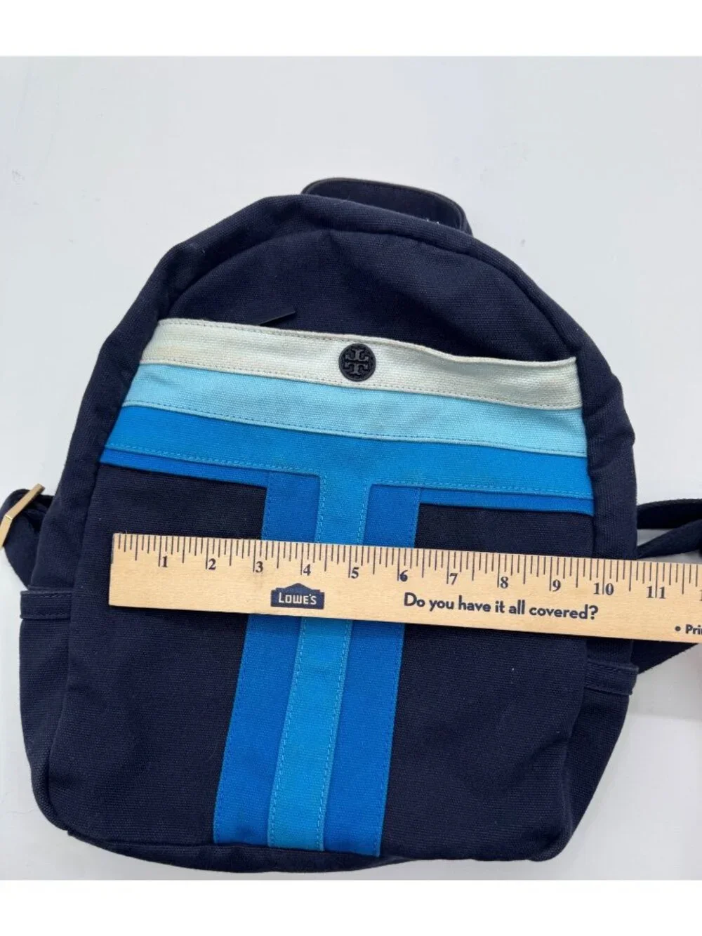 Tory Burch Mini Backpack With Blue Stripe Design & Adjustable Straps